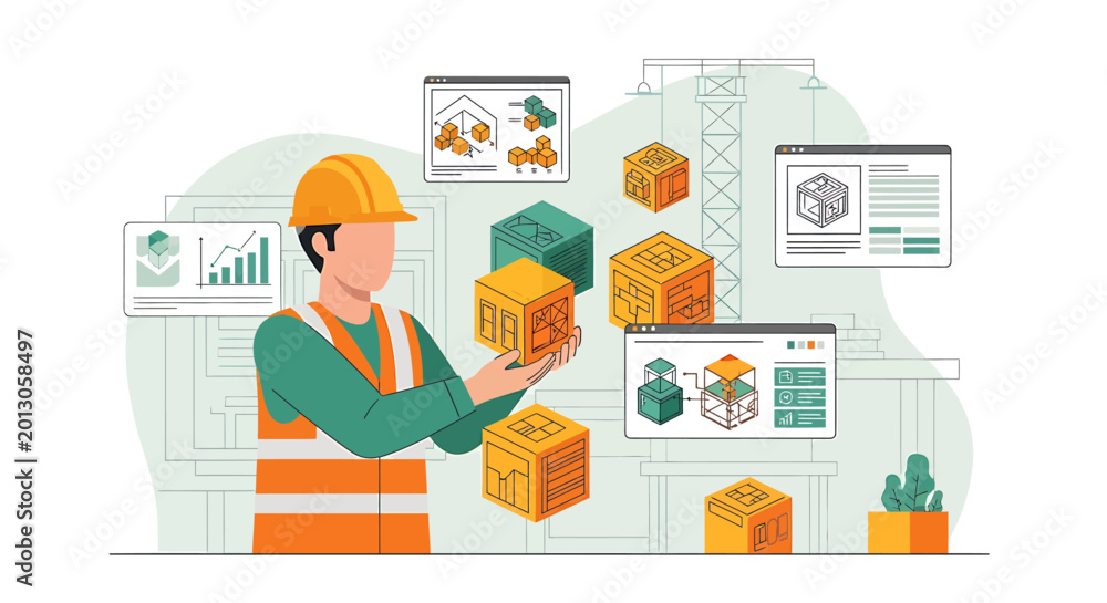 Fototapeta premium Construction worker planning building project with digital blueprints and models.