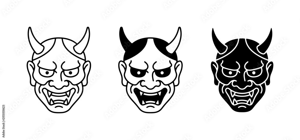 Fototapeta premium Japanese Oni Masks, Demon Faces, Folklore Characters, Traditional Art, Vector Icons, Cultural Symbols, Black and White Designs