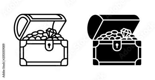 Foto Treasure Chest Icons, Open Pirate Chest Filled with Gold Coins and Diamond, Vect