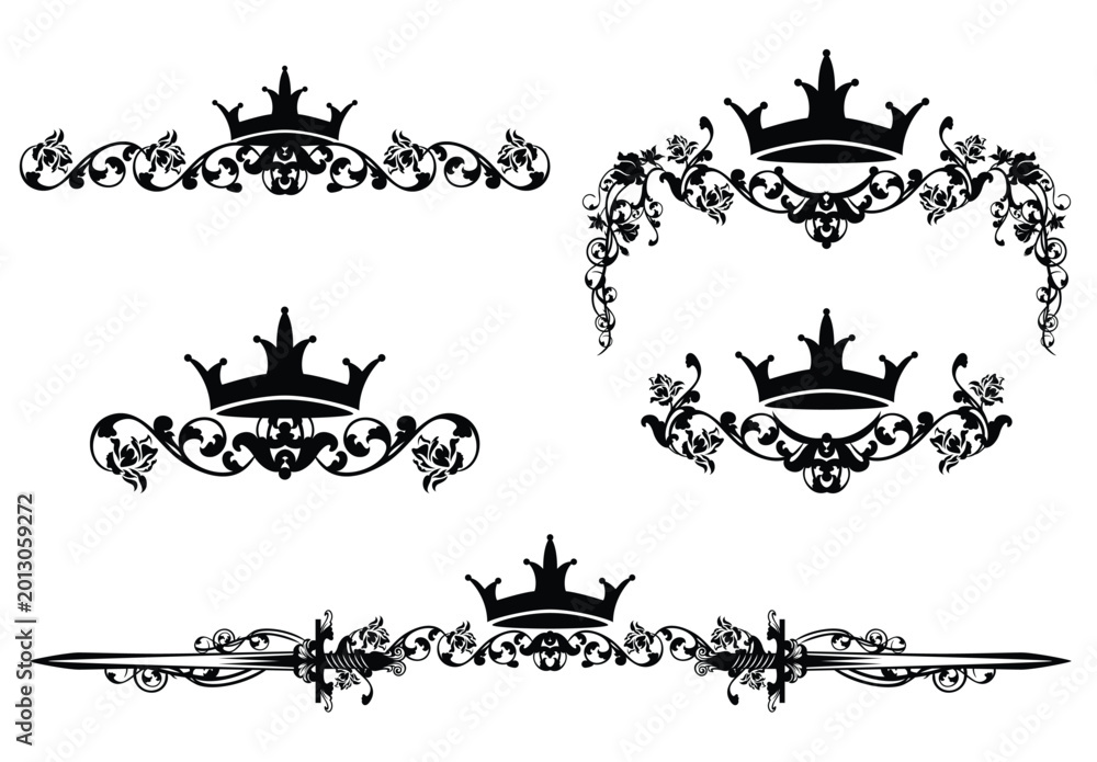 Fototapeta premium fairy tale royal crown and rose flowers black and white vector calligraphy page divider silhouette design set for fantasy medieval style