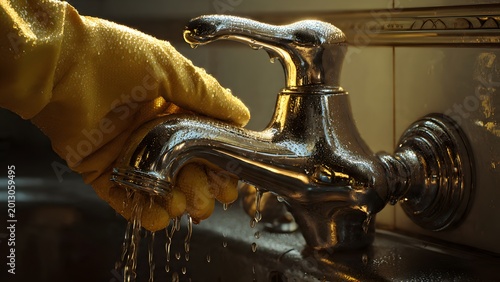 Realistic photo, horizontal, hand cleaning stainless steel tap with rubber gloves and vinegar cleaner, under soft daylight, from top-down, detailed water drops, photorealistic.