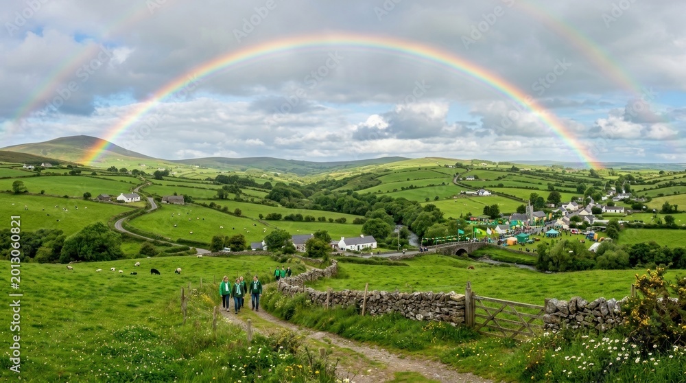 Fototapeta premium A vibrant rainbow arcs across a picturesque landscape in Ireland.