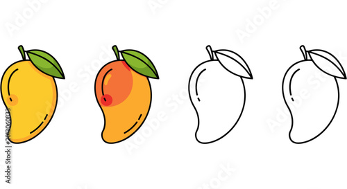 Schilderij op canvas Minimalist line-drawn mangoes in different stages of ripeness and slicing