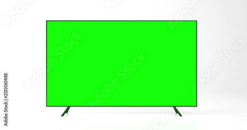 Focused flat screen smart TV mockup with green screen for compositing.