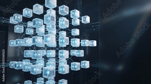 Blockchain network of glowing transparent cubes connected in dark digital space 3d render