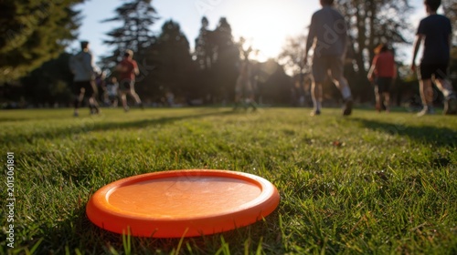 Orange flying disc resting on green grass field with people playing ultimate frisbee in blurred background on sunny afternoon in park