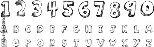 Photos Hand drawn alphabet and numbers set with 3d sketchy effect for creative typograp