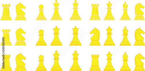 Canvas-taulu Chess pieces in yellow appear as a collection of game figures arranged in orderly rows