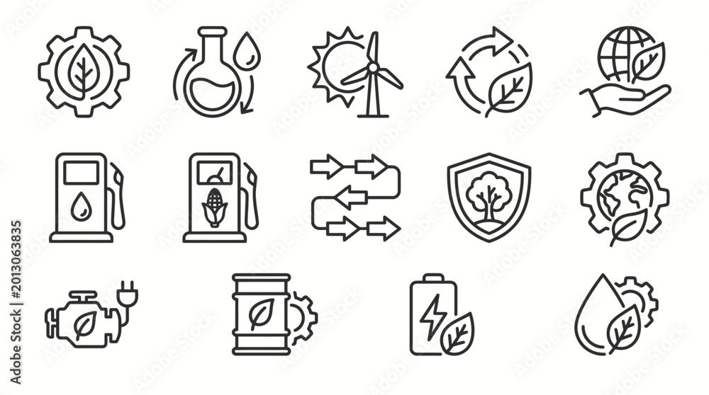 Fototapeta premium Clean energy and ecological sustainability icons set, environmental protection symbols.