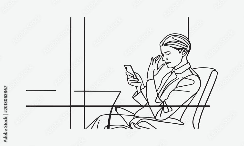Obraz premium Modern female executive working on phone minimalist vector illustration.