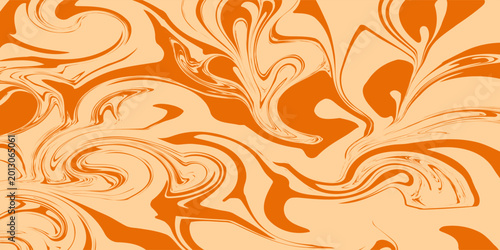 Retro caramel line background. Salted caramel liquid desert texture. Wavy swirl candy pattern for poster, cover, banner, pamphlet. Orange hippie wallpaper in 60s or 70s style. Vector