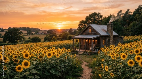 A rustic cabin sits nestled in a vibrant sunflower field at sunset.