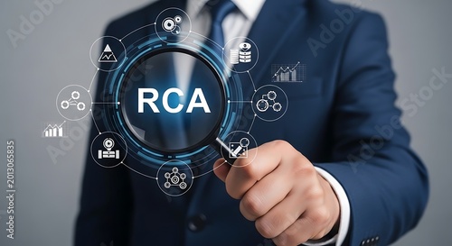 Root Cause Analysis RCA concept with businessman holding magnifying glass, problem solving and process optimization, corporate risk management strategy