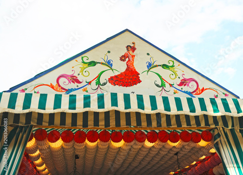Pañoleta de una caseta de la Feria de Abril. Feria de Sevilla. Fiestas de España. Ferias de Andalucía. 
