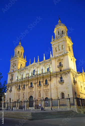 Vista nocturna de la Catedral de Jaén. Santa Iglesia Catedral de la Asunción de la Virgen por la noche en Jaén, Andalucía, España.
