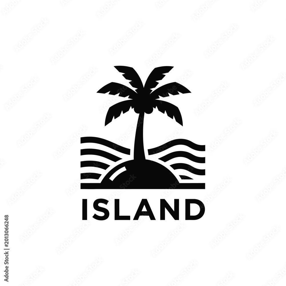 Obraz premium Tropical island silhouette with palm tree and waves simple black graphic on a white background high quality professional detailed modern