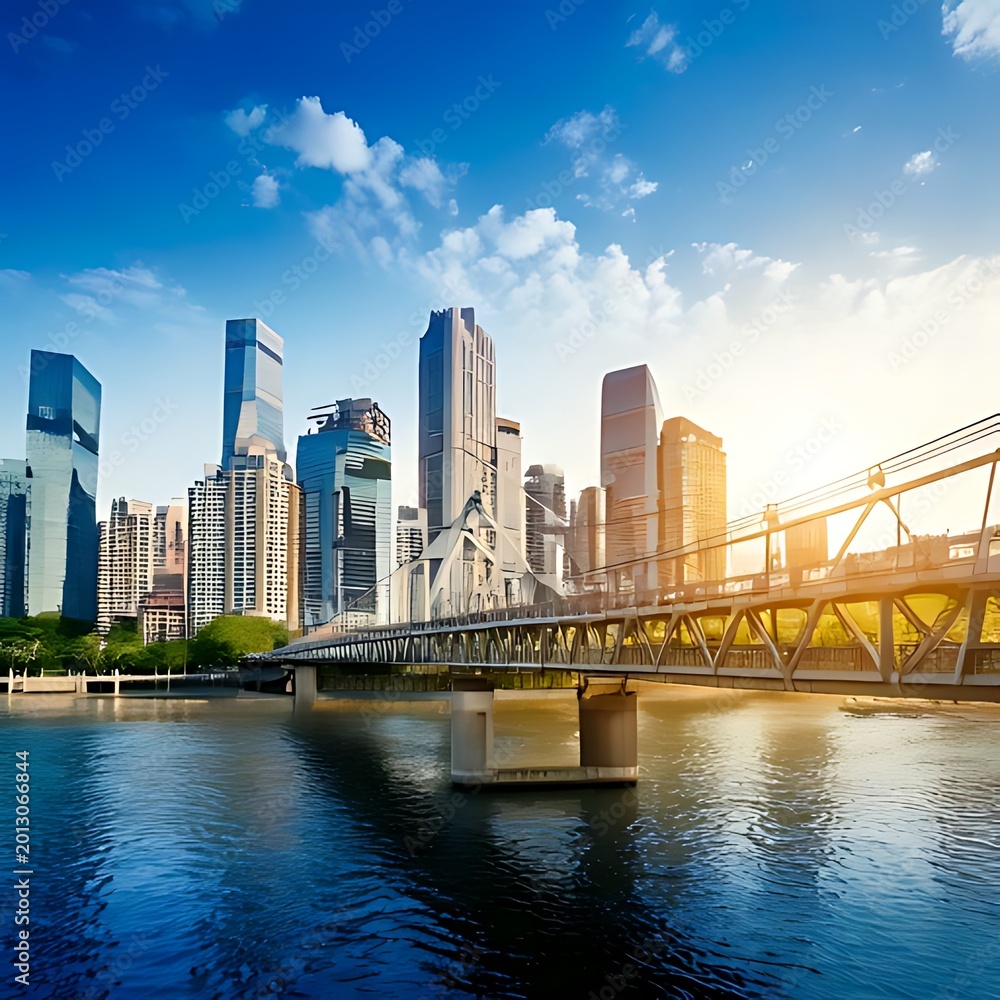 Fototapeta premium Modern cityscape with bridge over calm water