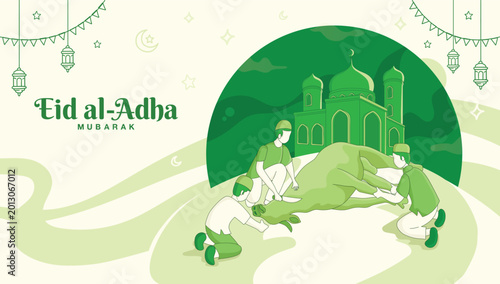 Eid al Adha greeting card. Muslim people slaughtering a cow during Eid al-Adha mubarak, the feast of sacrifice