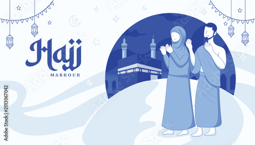 Hajj Mabrour background with muslim man and woman Hajj Character and Kaaba in the background