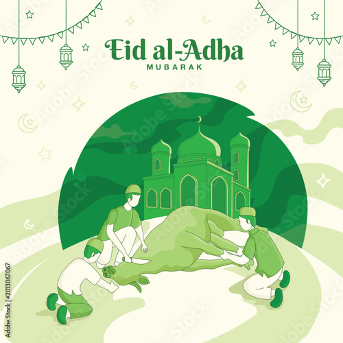 Eid al Adha greeting card. Muslim people slaughtering a cow during Eid al-Adha mubarak, the feast of sacrifice