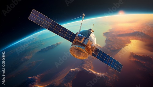 a satellite equipped with interferometric synthetic aperture radar insar technology monitoring and mapping seismic activity and ground deformation from its orbit high above the earth s surface