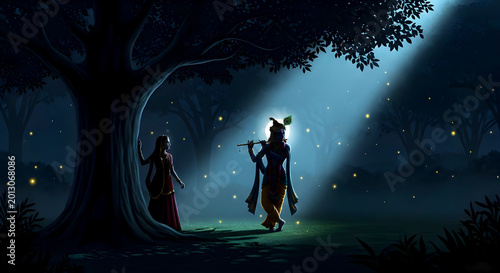 Krishna Flute Music in Moonlit Forest with Radha