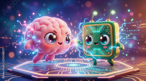 Cute cartoon brain and computer chip characters stand on glowing circuit board with electric sparks in futuristic digital city background