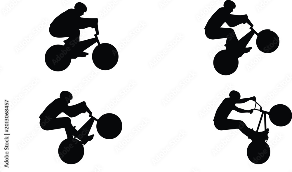 Naklejka premium Professional bmx rider performing various gravity defying stunts and tricks with a bicycle during a high energy urban extreme sports competition captured in crisp black silhouette art on transparent b