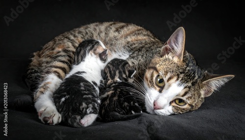 Mother cat snuggles with three tiny kittens