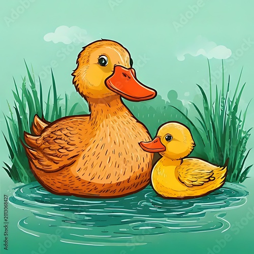 Mother duck and chick in pond with reeds