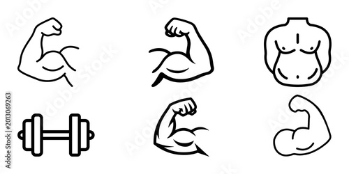Foto Strong muscular arm bicep flexing icon outline on black background for fitness a