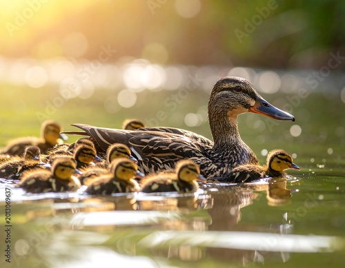 Mother duck leads ducklings through sunlit water