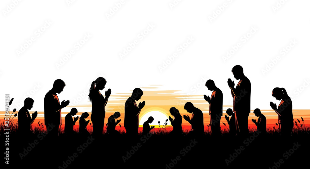 Obraz premium Silhouette of people praying at sunset, Muslim community, Islamic faith, religious gathering isolated on White Background