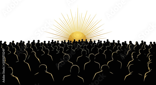 Crowd, Silhouette, People, Sunrise, Yellow isolated on White Background