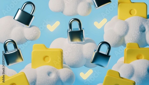 Secure cloud storage with fluffy clouds folders and padlocks data privacy concept in a digital environment