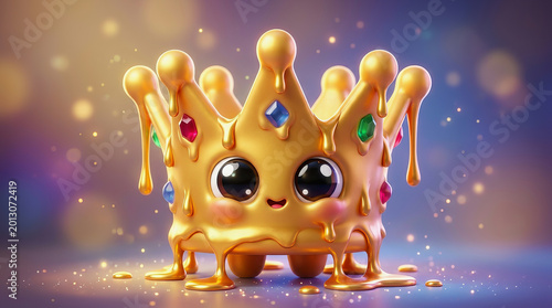 Cute golden crown character with dripping wax and colorful gemstones on a magical glowing background