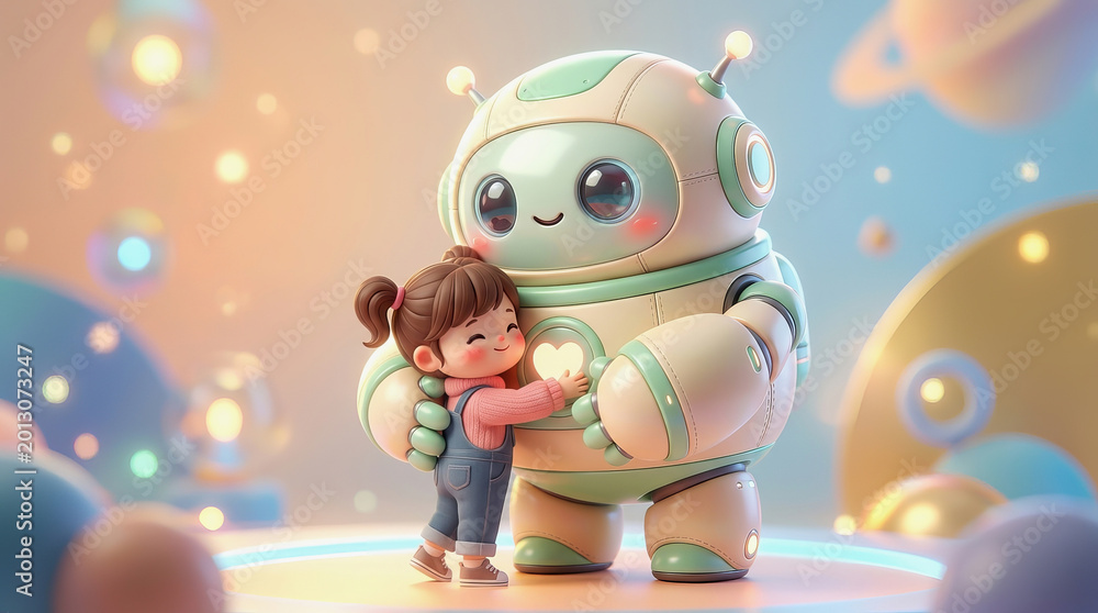 Naklejka premium Cute little girl hugging a friendly robot in a magical, colorful space filled with glowing orbs and planets.