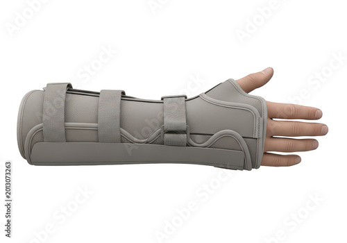 Medical wrist brace on a human hand isolated on transparent background, png