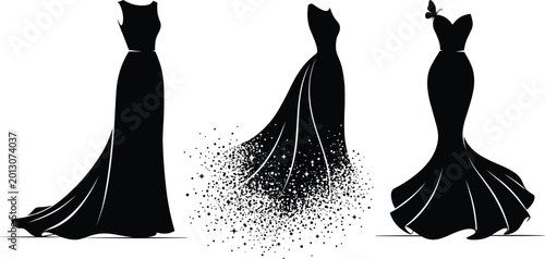 Canvas Print Elegant Evening Gown Silhouette Collection with Flowing Fashion Dresses Vector I
