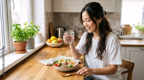 Smiling young Asian woman drinking a glass of water in a bright kitchen. Happy female sitting at a wooden counter with a fresh vegetable and egg salad bowl. Healthy hydration and diet concept