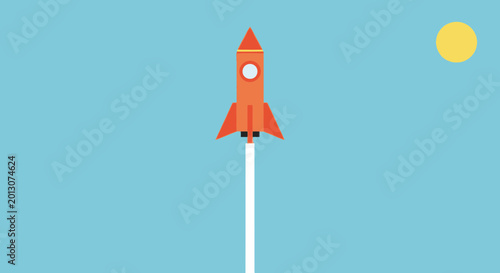 Photos Orange rocket blasting off into clear blue sky with sun, space travel concept