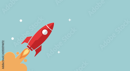 Cuadro en lienzo Red rocket launching into space with stars and clouds, flat design
