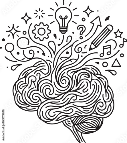 Creative brain with lightbulb and symbols