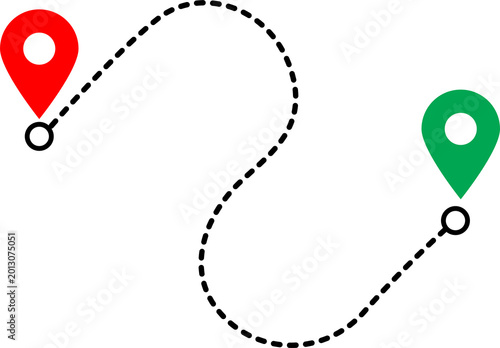 Route map with location pins connected by dotted line isolated on transparent background