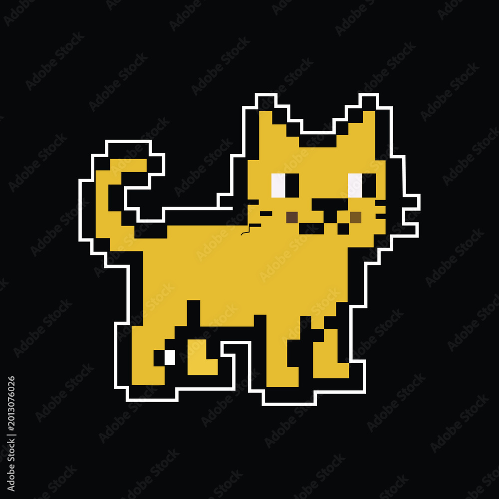 Fototapeta premium Cute pixel art orange cat or ginger kitten illustration isolated on black background