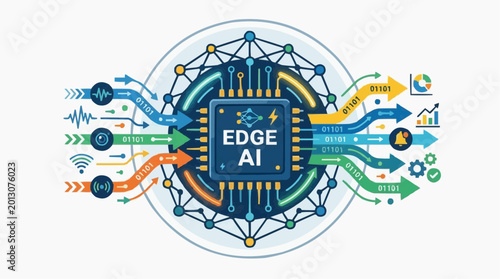 Edge AI Technology: Illustrating the cutting-edge of edge artificial intelligence, this vibrant graphic showcases the core of an AI processing unit with data streams and interconnected network. 
