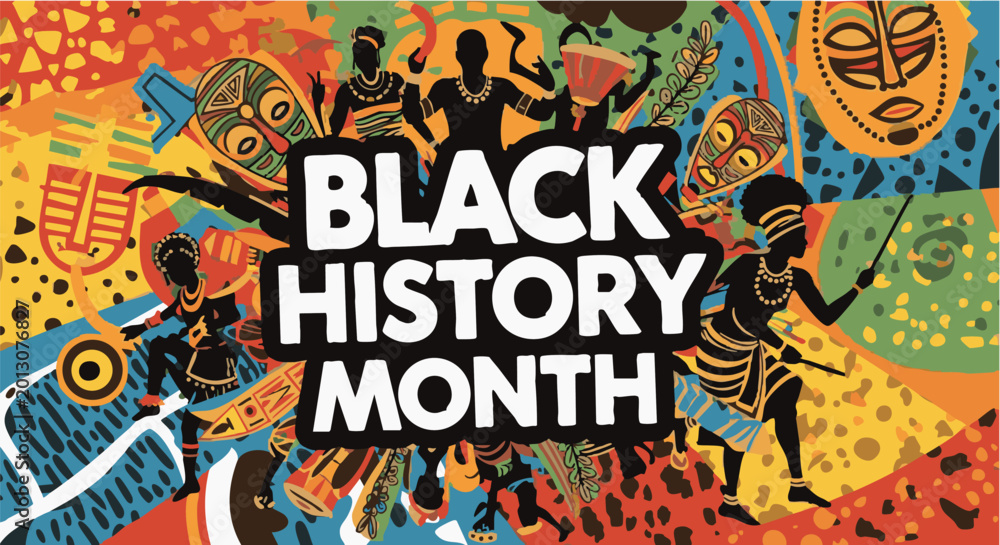 Obraz premium Vibrant Black History Month celebration background with traditional African patterns and silhouettes in colorful eclectic style for social media