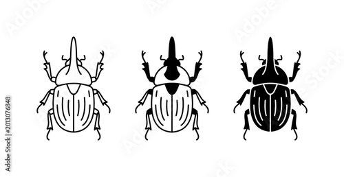 Foto Set of Three Rhinoceros Beetle Illustrations, Vector Icons, Insect Silhouettes,