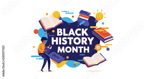 Billede på lærred Black History Month typography and reading black student in an inspiring educational style with vibrant colors as a flat vector graphic for school awareness banners