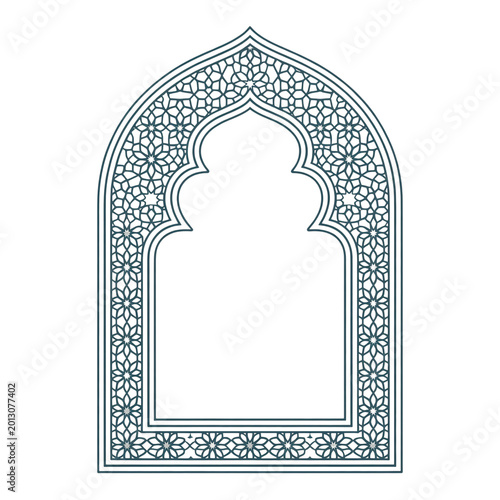 Decorative Islamic arch frame with intricate geometric designs and traditional floral motifs, shown isolated on a transparent background.